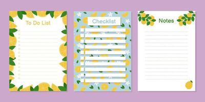 Templates for notes, to do list and checklist with cute lemons and leaves. Vector illustration