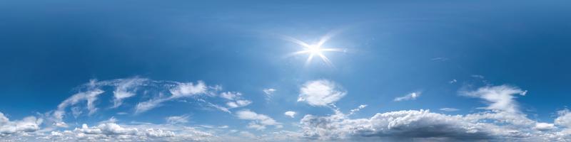 blue sky with beautiful fluffy clouds without ground. Seamless hdri panorama 360 degrees angle view for use in 3d graphics or game development as sky dome or edit drone shot photo