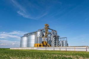 silos de plata en la planta de procesamiento y fabricación de productos agrícolas para el procesamiento, secado, limpieza y almacenamiento de productos agrícolas, harina, cereales y granos. ascensor granero. foto