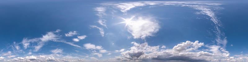 blue sky with beautiful fluffy clouds without ground. Seamless hdri panorama 360 degrees angle view for use in 3d graphics or game development as sky dome or edit drone shot photo