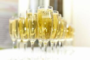 lot of blurred glasses with champagne on the reception party table on light background photo