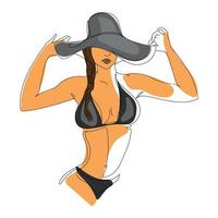 Girl in swimsuit and hat with large fields on the beach vector minimalistic illustration.Beautiful woman with a slim figure in a bikini swimsuit holding her hat hand drawing.Summer vacation concept.
