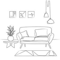 ilustración de boceto de vector interior de sala de estar moderna. lugar de ocio para relajarse con sofá y almohadas, plantas en una maceta, modernas lámparas de araña, dibujo en blanco y negro