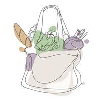 bolsa ecológica llena de varios alimentos frescos arte mínimo dibujo ilustración vectorial sobre fondo blanco. bolsa de compras, línea de paquete de producto icono de logotipo abstracto. compras amigables con la ecología. diseño de emblema vector