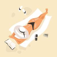 Beautiful woman in hat lying on the beach towel. Top view vector illustration. Pretty girl in black swimsuit sunbathing and reading a book on the beach.Summer vacation,poster template