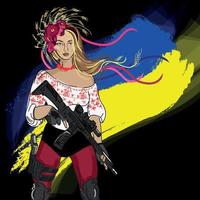 Ukrainian woman warrior with a weapon in her hands on the back ground of the Flag of Ukraine vector illustration.Character Woman activist cartoon drawing,resistance concept.Stop war in Ukraine