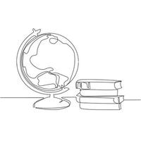 globo terráqueo con libros stack.continuous one line drawing vector illustration.minimal art design on white background.simple line moderndrawing.education concept.back to school