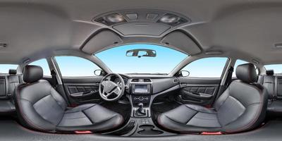 Vista panorámica de 360 ángulos en el salón interior de un coche moderno de prestigio. panorama esférico equidistante equirrectangular completo de 360 por 180 grados. contenido vr ar foto