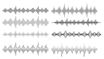 ondas de audio en estilo abstracto. Líneas de frecuencia de audio y voz. símbolos de ecualizador de volumen. conjunto de vectores sobre fondo blanco.