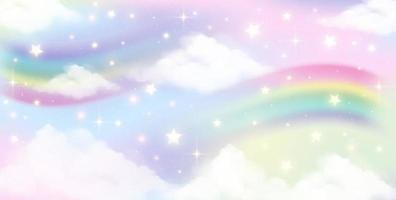 Fondo de unicornio arco iris de fantasía holográfica con nubes. cielo de color pastel. paisaje mágico, patrón abstracto fabuloso. lindo fondo de pantalla de dulces. vector. vector