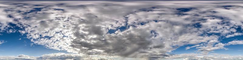 Seamless overcast blue sky hdri panorama 360 degrees angle view with zenith and beautiful clouds for use in 3d graphics as sky replacement and sky dome or edit drone shot photo