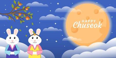 happy chuseok illustration background with full moon and two rabbits vector