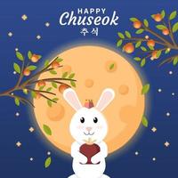 happy chuseok illustration with a cute rabbit holding parcel on full moon background vector