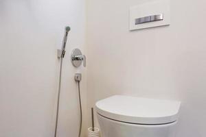 toilet and detail of a corner shower bidet with wall mount shower attachment photo