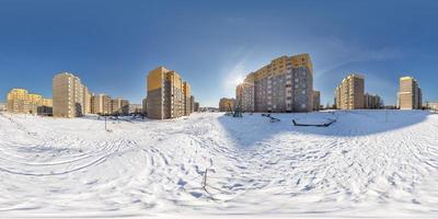 360 panorama high-rise building area urban development residential quarter in winter sunny day. Full 360 degree angle view seamless panorama in equirectangular spherical projection. vr ar content photo