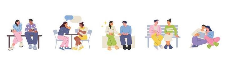 Two people are sitting together and talking. A collection of different sitting postures. vector
