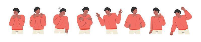 Curly-haired man in a red shirt. He expresses various emotions through gestures and facial expressions. f vector