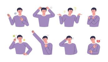 A man in a purple t-shirt. He is making various gestures to express his emotions. vector