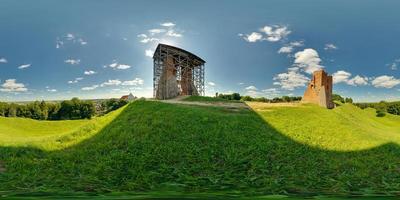 Panorama ruins of ancient medieval knight castle on mountain. Full 360 by 180 degree seamless equirectangular equidistant spherical panorama. Skybox vr ar content photo