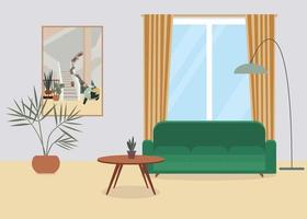 acogedor salón interior con sofá, ventana y macetas. ilustración vectorial de estilo plano. vector