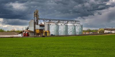 Elevador de granero de silos agrícolas en la planta de fabricación de procesamiento agrícola para el procesamiento, secado, limpieza y almacenamiento de productos agrícolas, harina, cereales y granos. foto