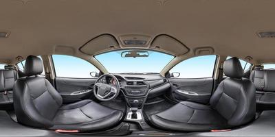 Vista panorámica de 360 ángulos en el salón interior de un coche moderno de prestigio. panorama esférico equidistante equirrectangular completo de 360 por 180 grados. contenido vr ar foto