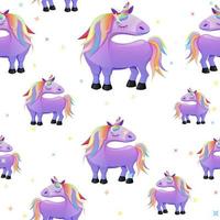 Seamless pattern with cartoon unicorns, white background with stars for wallpaper. vector