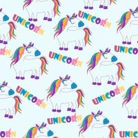Seamless pattern with cartoon unicorns, white background with lettering for wallpaper. vector