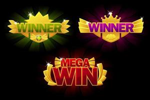 ganador de la pantalla, premio mega win gold, pancartas brillantes para el juego ui. vector