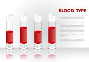 Various human bloods types in glass tube on glossy floor with reflection and example texts on white gradient wall background vector