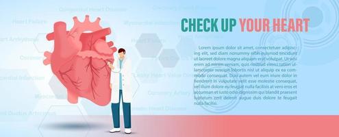 A doctor character in acting to check human heart with wording about medical and example texts on technology pattern and gradient blue background. Medical Poster in banner and vector design.