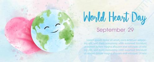 A global with happy face relaxing on heart pink pillow in watercolors style and the day, name of event and example texts on colorful watercolors background. Poster campaign in banner and vector design