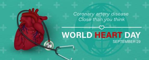 estetoscopio médico con corazón humano y eslogan, el día y el nombre del evento en el signo global y el fondo del patrón de cruz verde. campaña de afiches del día mundial del corazón en diseño de pancartas y vectores. vector