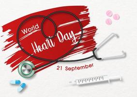 Doctor stethoscope make in a heart shape with medicine, syringe and World Heart Day lettering on red brush paint and white paper pattern background. vector