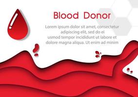 Blood droplet with example texts on white and red layers abstract wave background. Card and poster of Blood donor in vector design.