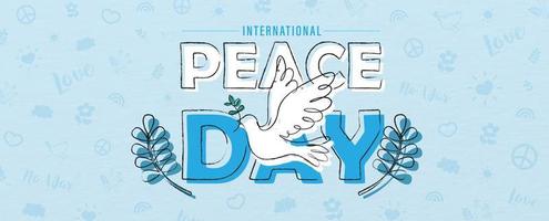 Hand draw and one line style in a peace dove shape on the name of event lettering, olive plants and peace day object pattern and blue background. vector