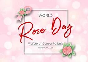 Campaign pink ribbon and pink rose in watercolors style with World Rose Day and slogan lettering in a white frame on pink blurred and bokeh background.