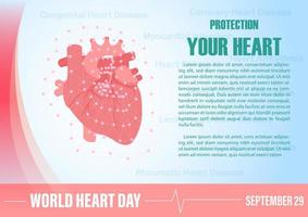 Human heart protected by net  with wording of event and the days with name letters campaign on blue gradient background. Card and Poster Campaign of World Heart Day in flat style and vector design.