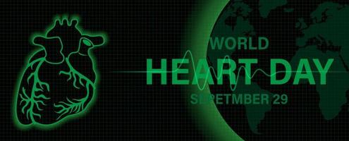 corazón humano con frecuencia cardíaca y el día y el nombre del evento en globo y fondo negro. la campaña de afiches del día mundial del corazón en color monótono verde parece un diseño de monitor de frecuencia cardíaca. vector