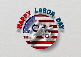 Industry tools with HAPPY LABOR DAY lettering in 3d style on the USA. flag in a circle shape and white paper pattern background. vector