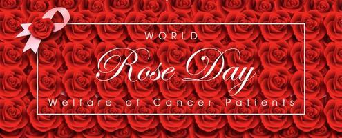 cinta rosa de campaña con el día mundial de la rosa y letras de eslogan en un marco blanco sobre fondo de patrón de rosas rojas. campaña de afiches del día mundial de la rosa en diseño de pancartas y vectores. vector