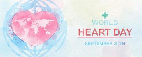 Pink heart with world map and the day and name of event on global icon on colorful watercolor and white paper pattern background. Poster campaign of World Heart Day in banner and watercolors style. vector
