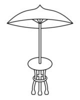 Table with an umbrella. Sketch. Outdoor interior element with protection from rain and sun. Vector illustration. Country table with a round top on three legs. Outdoor furniture.