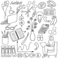 Work online. Home Office. Set of vector elements. Outline on an isolated white background. Doodle style. Sketch. Coloring book for children. Business collection. Lettering. Stay safe. Freelance.