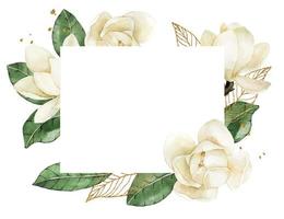 dibujo de acuarela. marco rectangular con flores blancas y hojas de magnolia y elementos dorados. ilustración delicada decoración de boda, invitación, tarjeta vector