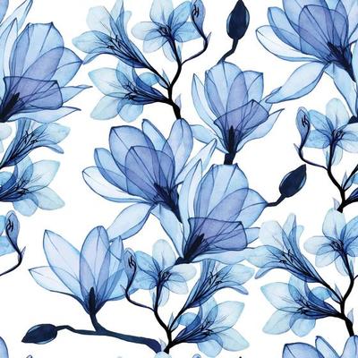 seamless watercolor pattern with blue transparent magnolia and freesia flowers. gentle vintage pattern, airy, x-ray.