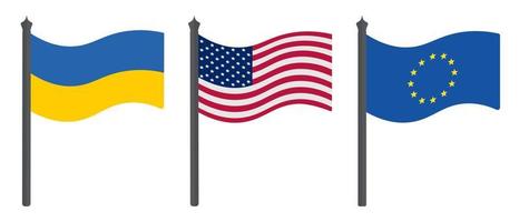 Flag of Ukraine, USA and EU. Set of color vector illustrations. Symbols of the states. Political themes. Flat style. National sign. Isolated background.