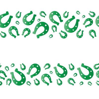 Lucky horseshoe. Green. Seamless horizontal border. Repeating vector pattern. Isolated colorless background. Good luck symbol. Endless ornament.