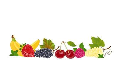 banner establece frutas sobre fondo blanco. fondo de verano. plantilla vectorial alimentos orgánicos naturales. icono de vector de sitio web. publicidad corporativa. promoción de pancartas. conjunto dulce. vista horizontal