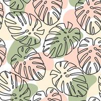 Seamless pattern of black contours of palm leaves and hand drawn spots of beige, pink and green flowers on a white background. Modern pastel template for spring design. vector